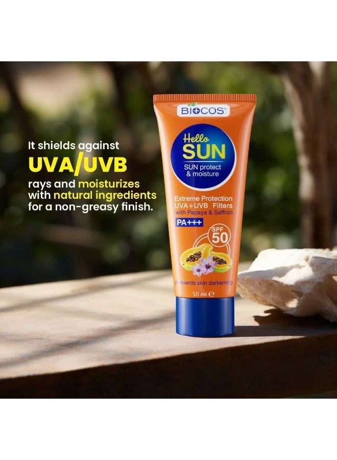 بيوكوس مستحضرات التجميل كريم BIOCOS واقي الشمس المرطب SPF 50 PA++++ للوجه – واقي شمس مع فيتامين E، البابايا، والزعفران للترطيب، حماية من UVA/UVB، بدون أثر أبيض، يمنع اسمرار البشرة وحب الشباب – 50 مل (عبوتان) - Image 2